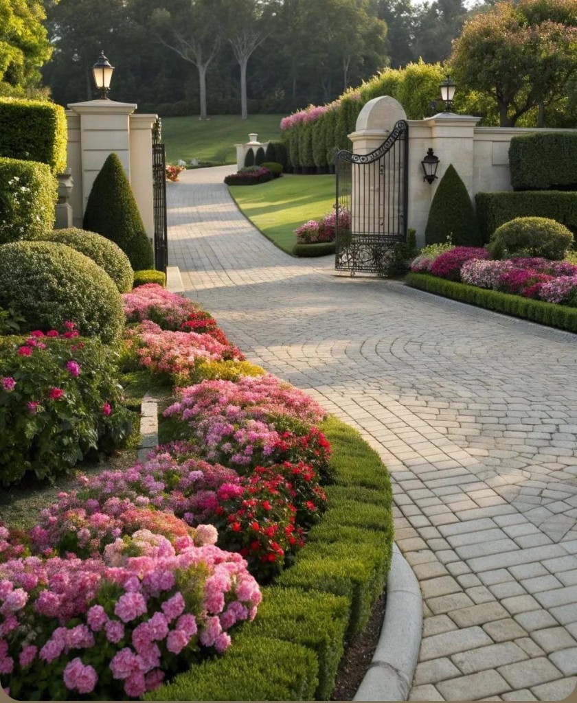 Private estate entrance with wrought-iron gates and flowering gardens
